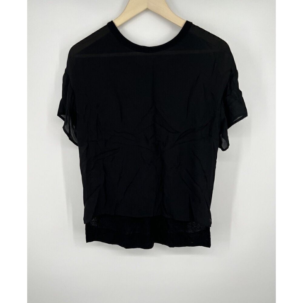 Vince Silk Top Mixed Fabric Black Size XS Crew Neck Short Sleeve